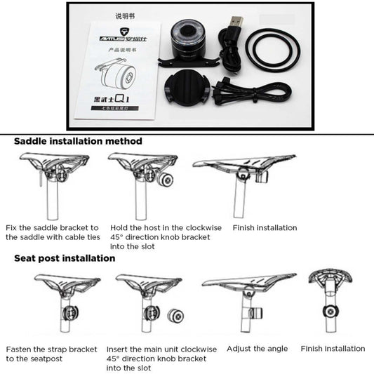 Bicycle taillight accessory kit with mounting steps and cables, shown in a box