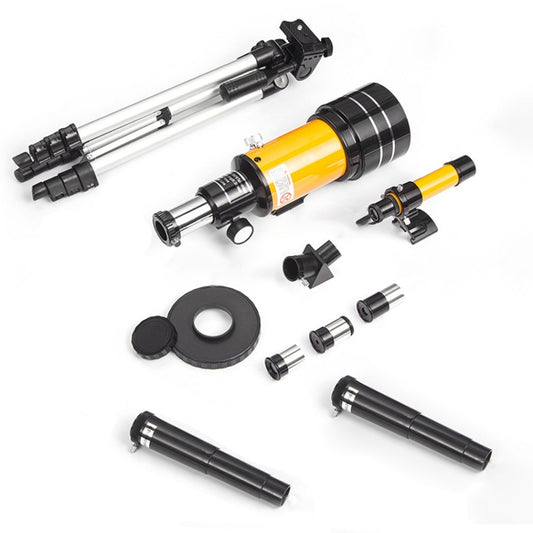 Refracting telescope kit with orange tube, black eyepieces, and accessory parts