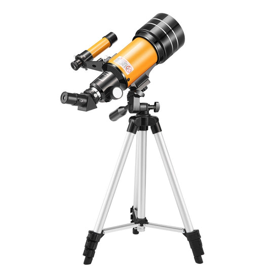 Orange and black refracting telescope on white tripod stand with black mount knobs
