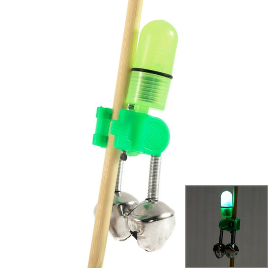 Green fishing bite alarm clip with twin metal bells and lime LED light
