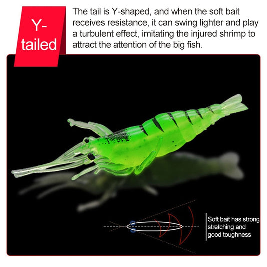 Green shrimp soft fishing lure with striped back, black spots, and spread legs