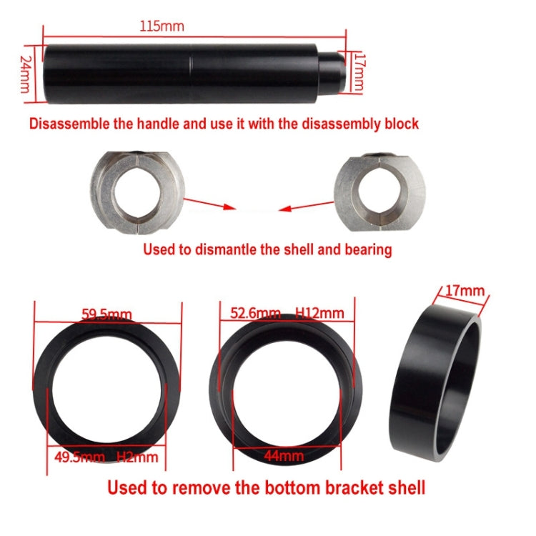 Bearing press tool disassembly kit with adapter rings and size diagram