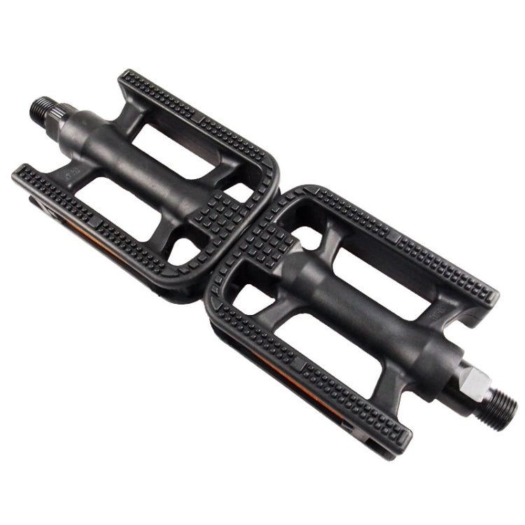 Anti-slip plastic bicycle pedals, black with orange edge reflectors, studded platform