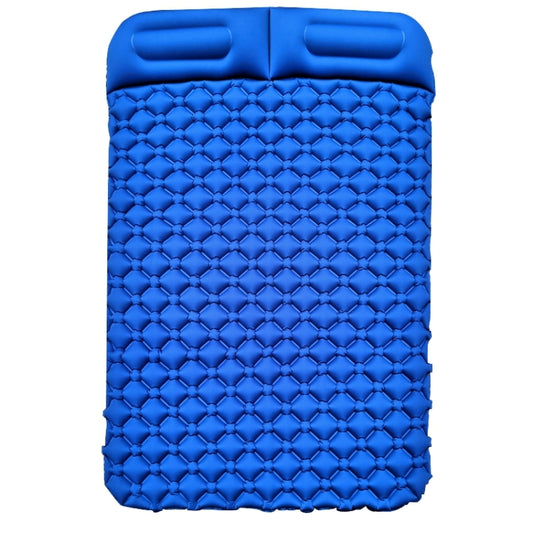 Dark blue double inflatable sleeping cushion with two built-in pillows, egg-crate pattern
