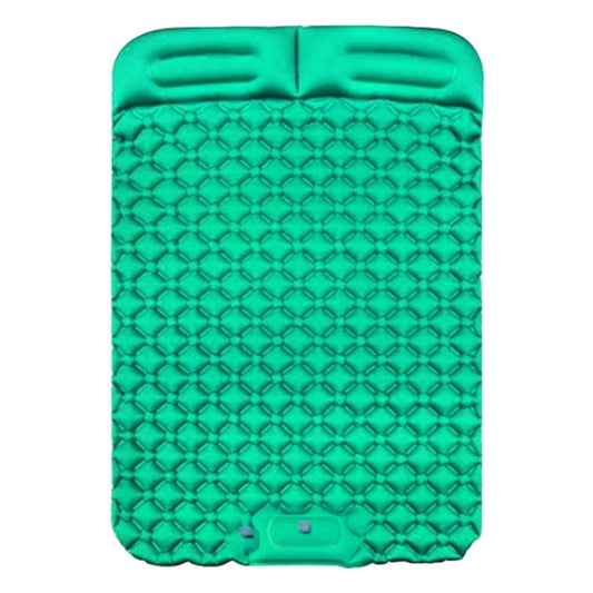 Emerald green inflatable camping air cushion bed with raised headrest and diamond grid surface