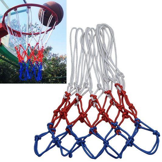 Polyester basketball rope net with white top, red mid, blue bottom strands, knotted loops.