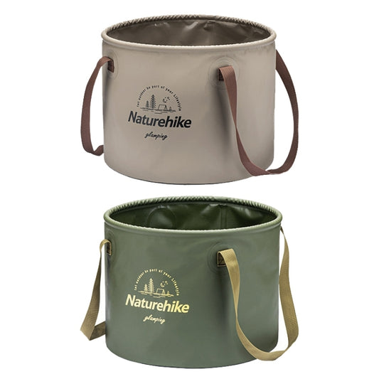 Two foldable PVC water storage buckets: green and coffee, both with rope-trim top straps