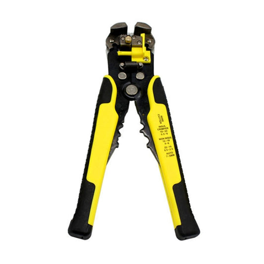 Wire stripper and crimping pliers with yellow handles and black body