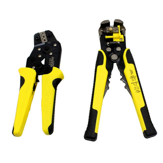 Wire stripping and crimping pliers set with yellow-and-black handles