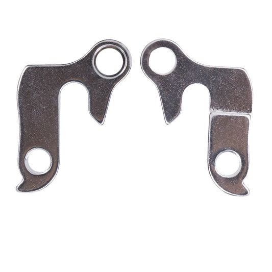 Two dark metal rear derailleur tail hooks, alloy bike derailleur hanger parts