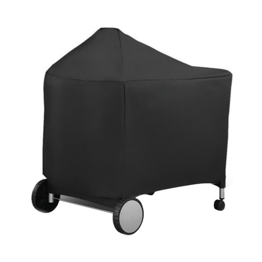 Black waterproof BBQ grill cover with fitted hood and bottom openings