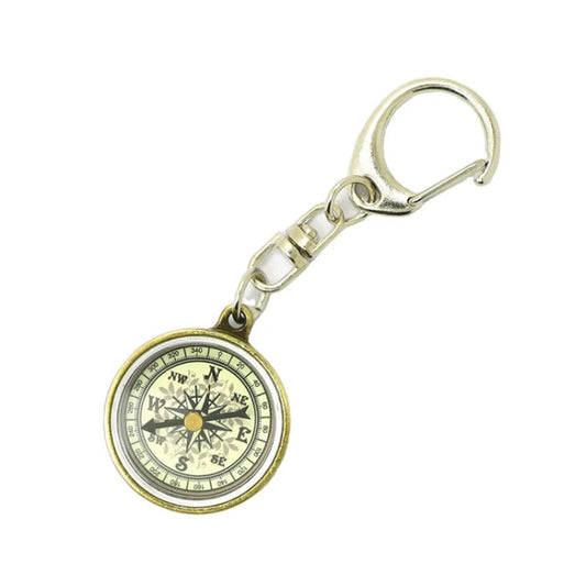 Vintage zinc alloy compass keychain with compass dial and metal split-ring clip.