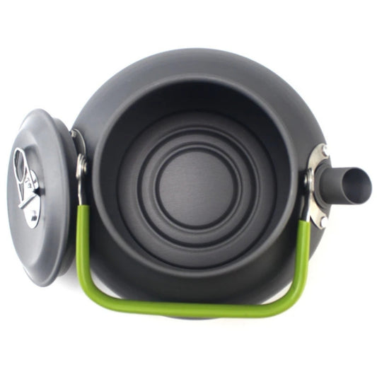 Portable camping kettle, open dark interior with lid and lime-green carry frame