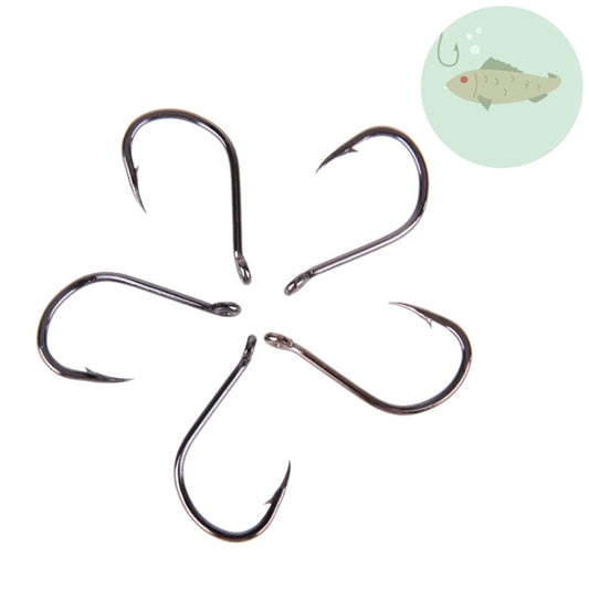 Five dark barbed fishing hooks with circular eyelets and curved shanks
