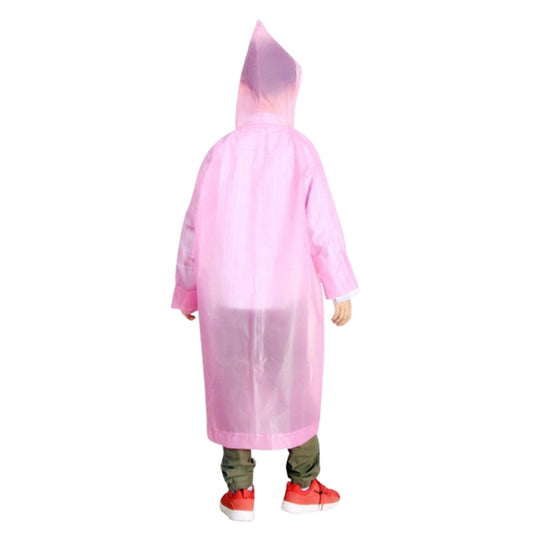 Children's pink hooded raincoat, back view with full-length coat and hood