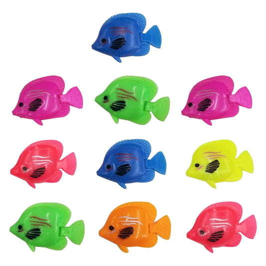 Assorted small plastic floating fish decorations in multicolor, detailed fins and eyes