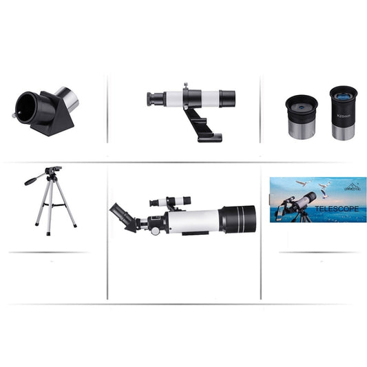 Astronomical telescope set with tripod and eyepieces shown from multiple angles