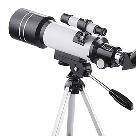 White astronomical telescope with black lens housing and mounted tripod