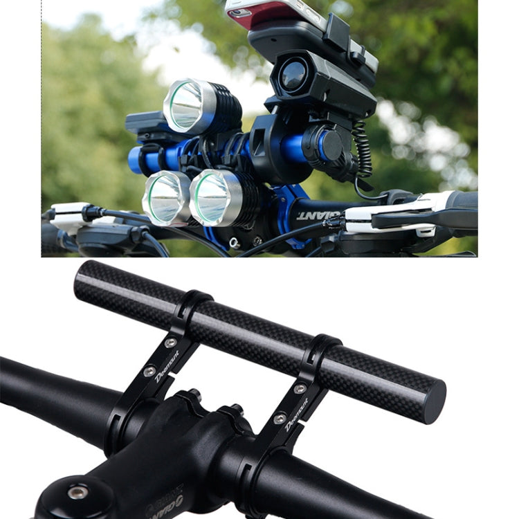 Black carbon fiber handlebar extension bracket mounted on handlebars with front lights