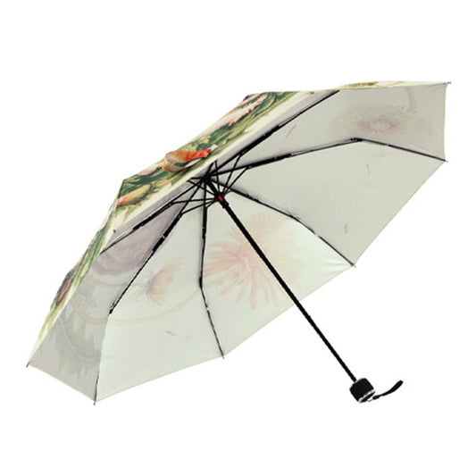 Open cream cat-pattern umbrella with black ribs and a hanging black handle