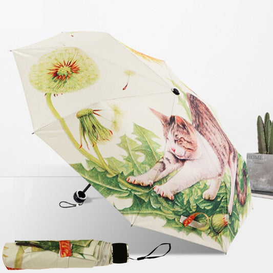 Cream cat and floral print folding umbrella with black strap and handle