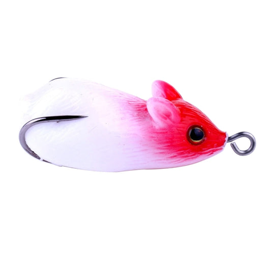 Red-and-white mouse-shaped fishing lure with single treble hook and black eye.