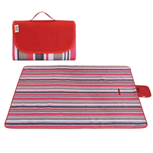 Foldable waterproof camping mat with red border, striped pattern, and red carrying case