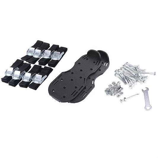 Spiked shoe plate kit with black straps, metal buckles, and installation screws