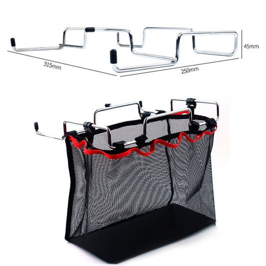 Foldable black mesh cookware organizer with silver metal frame, size markers shown