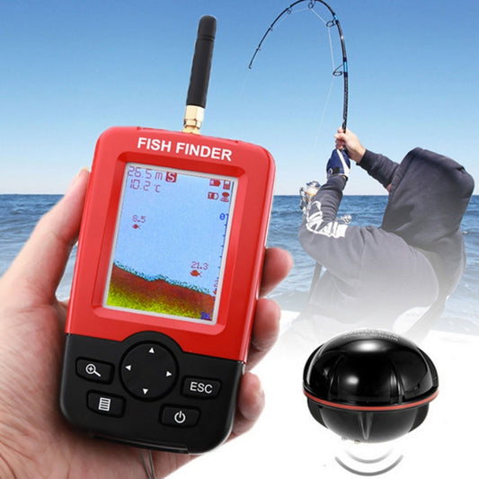 Wireless fish finder handheld with red screen and black control buttons, plus antenna