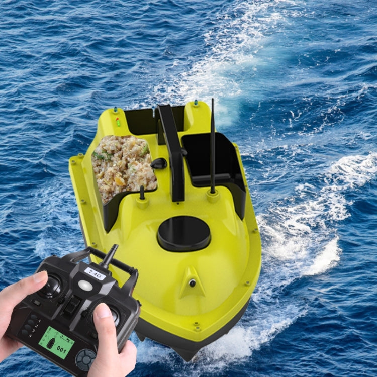 Yellow GPS fishing bait boat with twin motors, antenna, and bait container