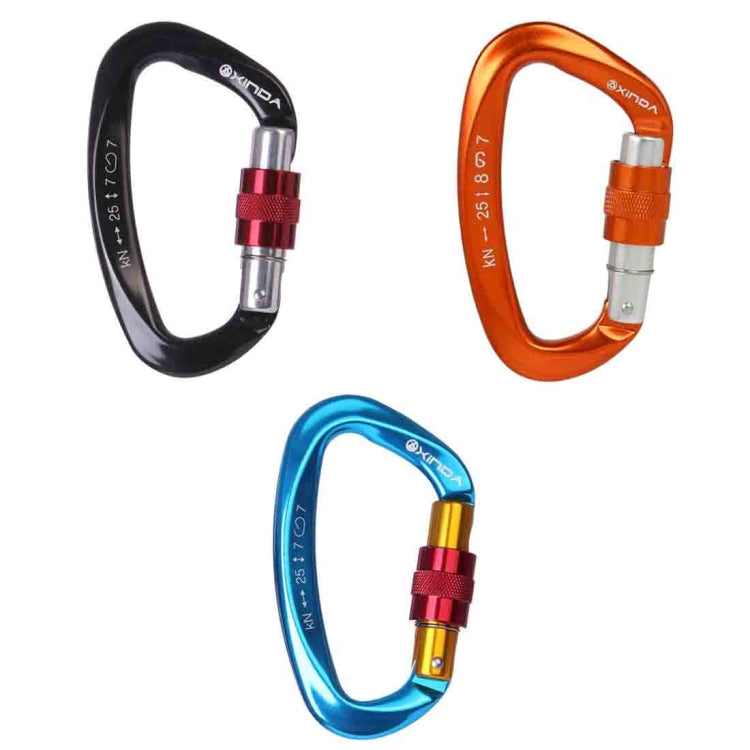 Set of three XINDA D-shaped climbing carabiners: black, orange, and blue with locking sleeves
