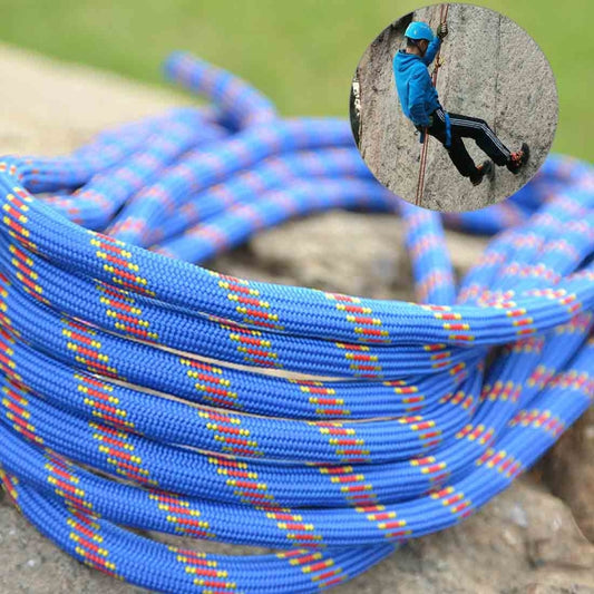 Static safety rescue rope, blue 10mm, multicolor weave, coiled loops on ground