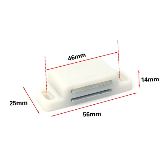 Plastic magnetic latch with metal plate, dimensions 56mm x 46mm x 14mm