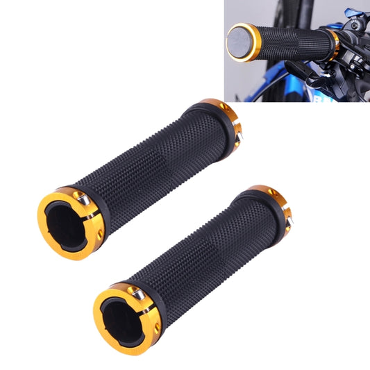 Pair of black anti-slip bike handlebar grips with gold lock-on end caps, textured
