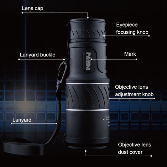 Black night vision monocular telescope with labeled lens cap, knobs, and dust cover.