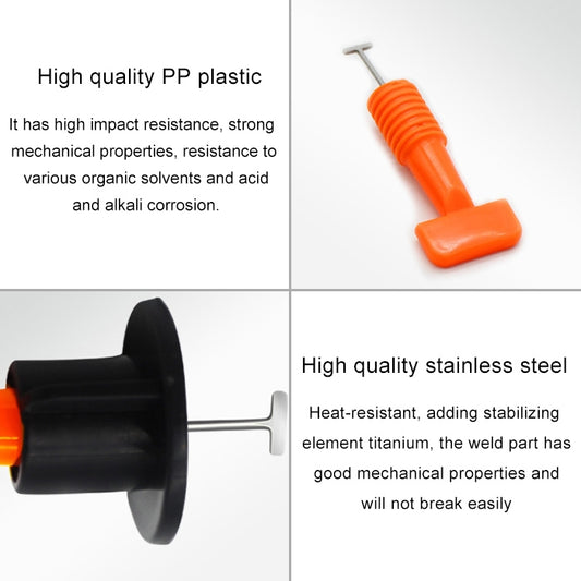 Orange and black tile leveling clip with metal pin, close-up
