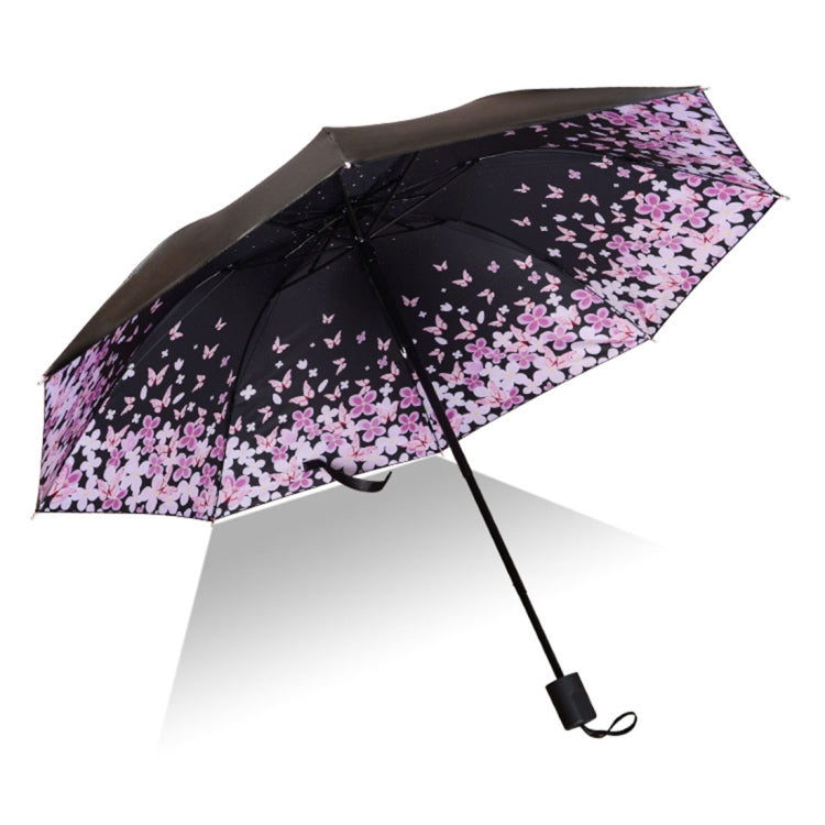 Black umbrella with pink butterflies and flowers, straight button-safety handle.