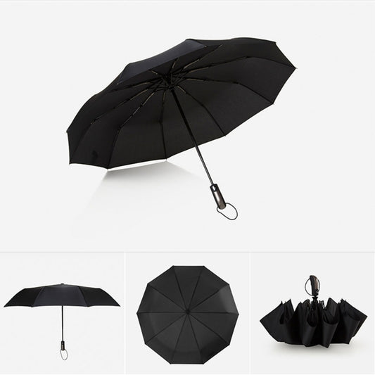 Automatic folding waterproof umbrella, black canopy with metal hook loop handle