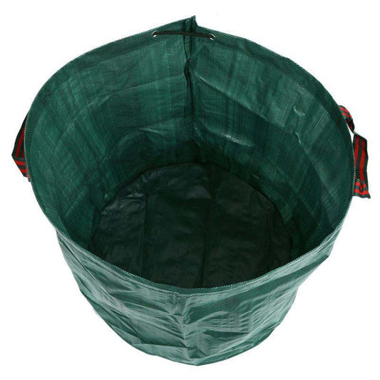 Top view of green 300L garden waste bag interior with draw/loop rim and plaid strap ends