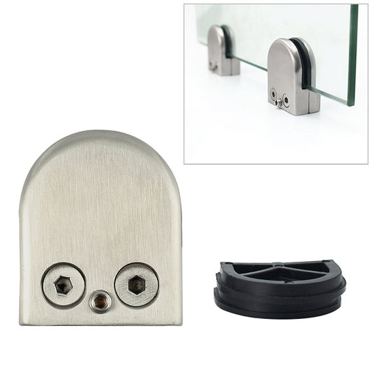 Stainless steel fixed glass railing clip with black rubber ring and two hex screws.