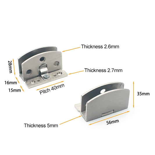 Brushed metal glass hinge with dimension labels: 56mm length and 40mm pitch