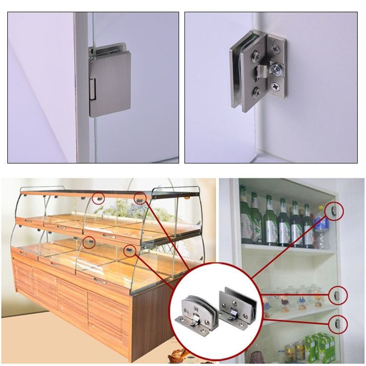 Installed brushed metal glass hinge with support bracket and screw fittings