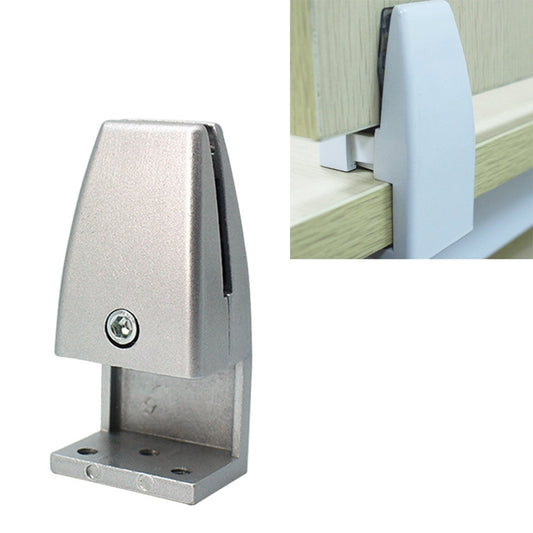 L-shaped metal desktop screen fixing clip, silver, with screw on top plate.
