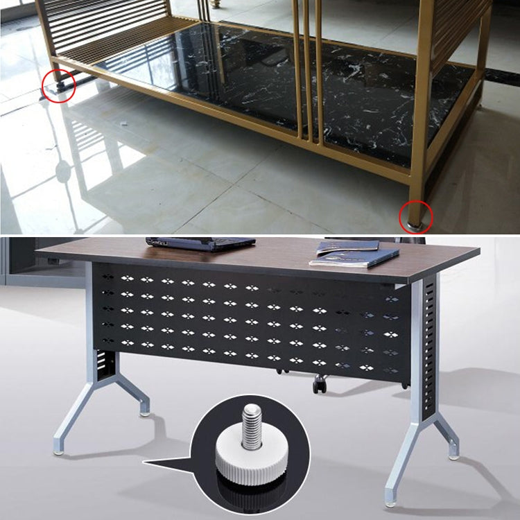 Furniture bench leveling foot on underside with threaded screw and black base