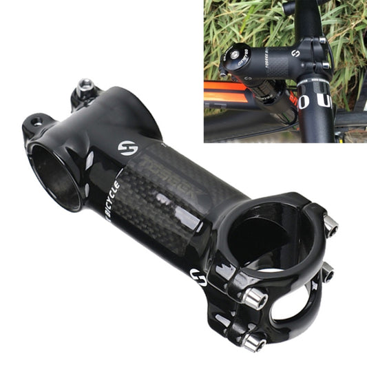 Black glossy bike handlebar stem riser with carbon-fiber look and clamp bolts