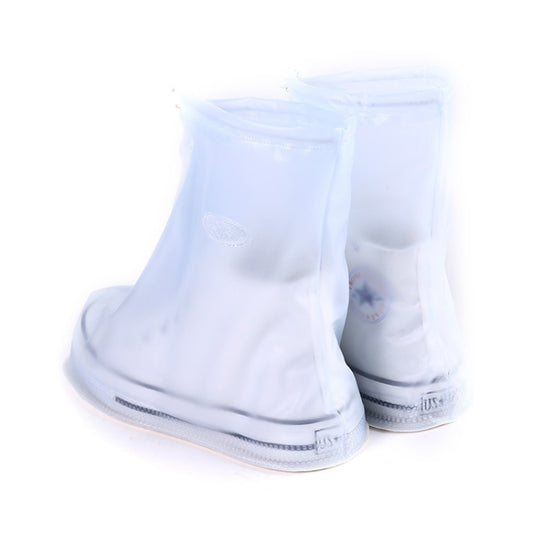 White waterproof PVC shoe covers, side view with zipper and thick anti-slip sole