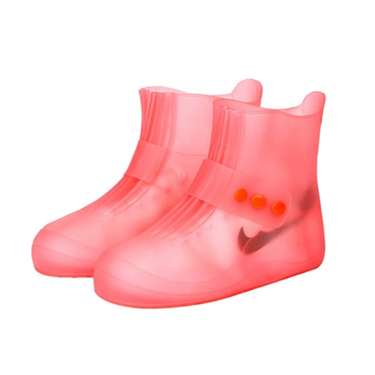 Pink PVC waterproof shoe covers with thick sole, slip-resistant tread and pull-on design