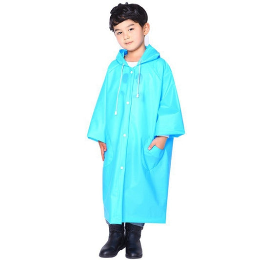 Children's blue lightweight hooded rain poncho with side pocket and large collar