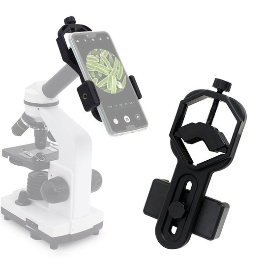 White microscope with black mobile phone holder on connected camera stand